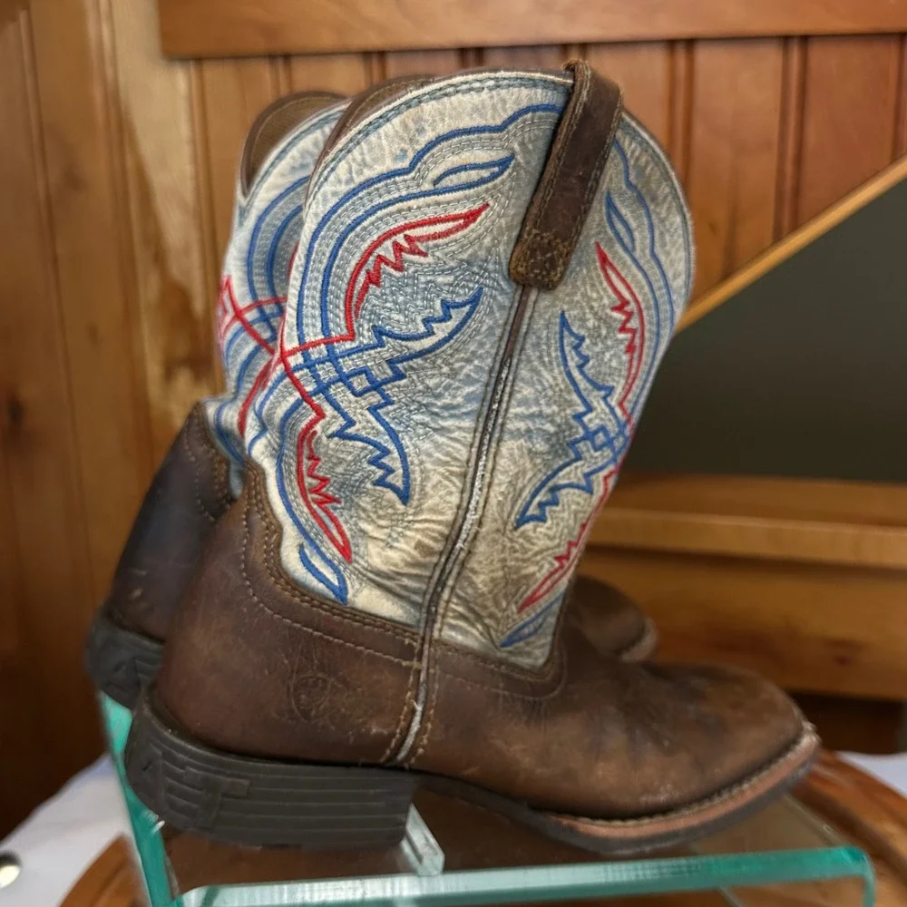 Ariat Kids Western Boots Brown Leather Blue Red Stitching Square Toe Size 1